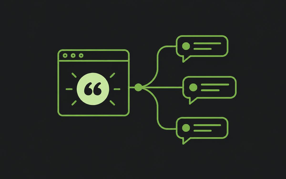 Illustration of a browser window linked to three chat bubbles by a citation mark